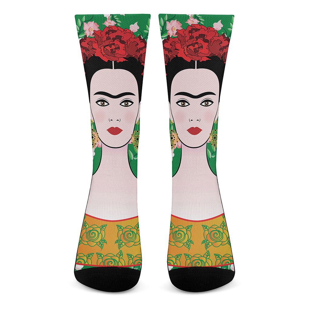 Frida Kahlo And Pink Floral Print Crew Socks