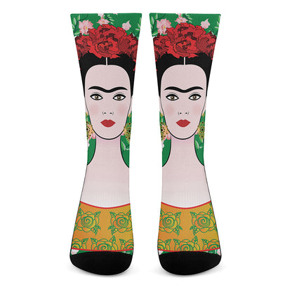 Frida Kahlo And Pink Floral Print Crew Socks