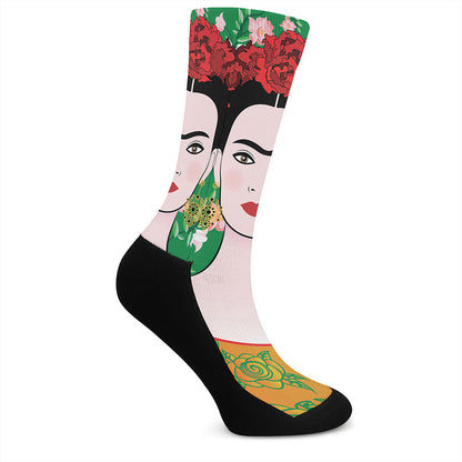 Frida Kahlo And Pink Floral Print Crew Socks