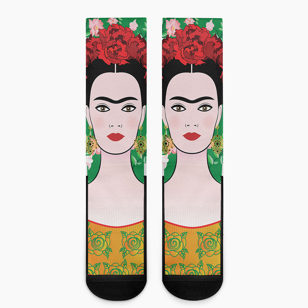 Frida Kahlo And Pink Floral Print Crew Socks