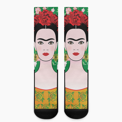 Frida Kahlo And Pink Floral Print Crew Socks