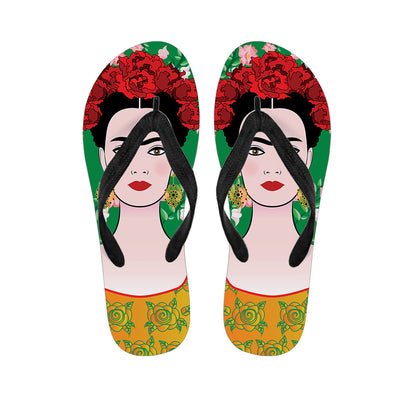 Frida Kahlo And Pink Floral Print Flip Flops