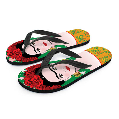 Frida Kahlo And Pink Floral Print Flip Flops