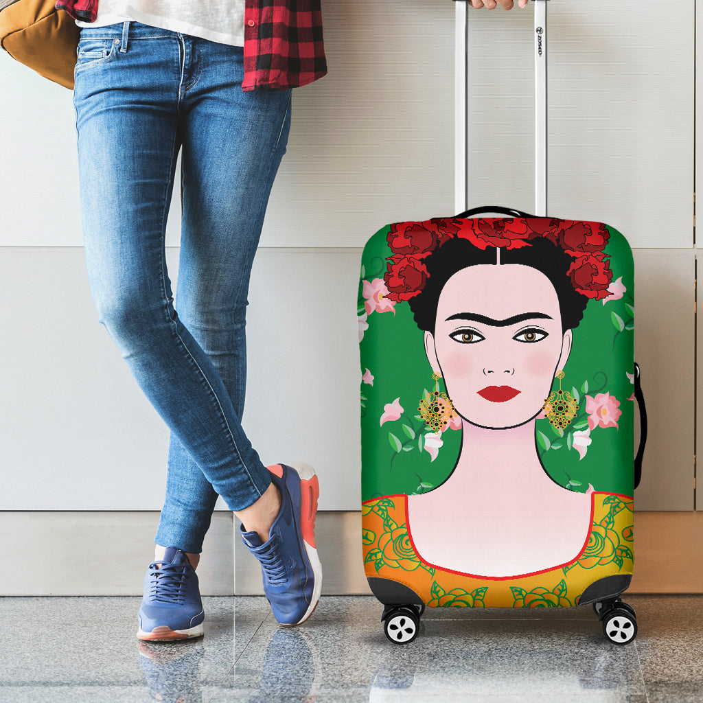Frida Kahlo And Pink Floral Print Luggage Cover