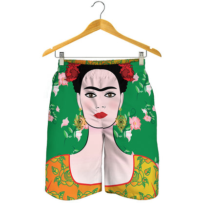 Frida Kahlo And Pink Floral Print Men's Shorts