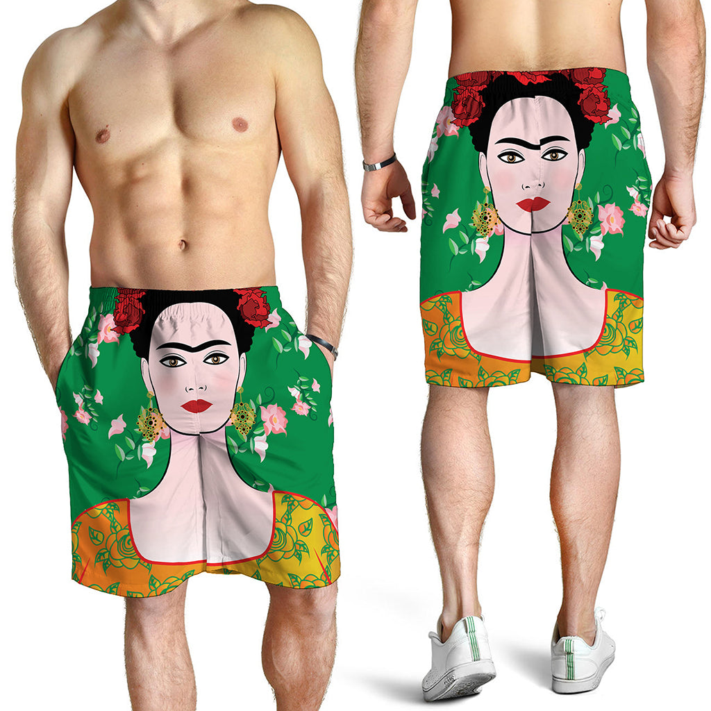 Frida Kahlo And Pink Floral Print Men's Shorts