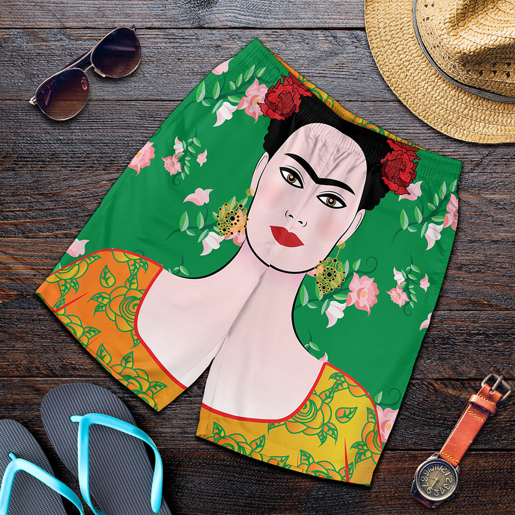 Frida Kahlo And Pink Floral Print Men's Shorts