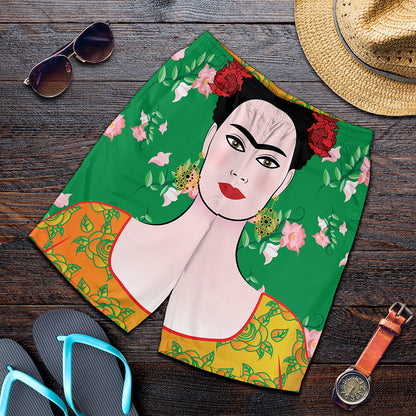 Frida Kahlo And Pink Floral Print Men's Shorts