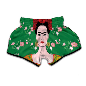 Frida Kahlo And Pink Floral Print Muay Thai Boxing Shorts