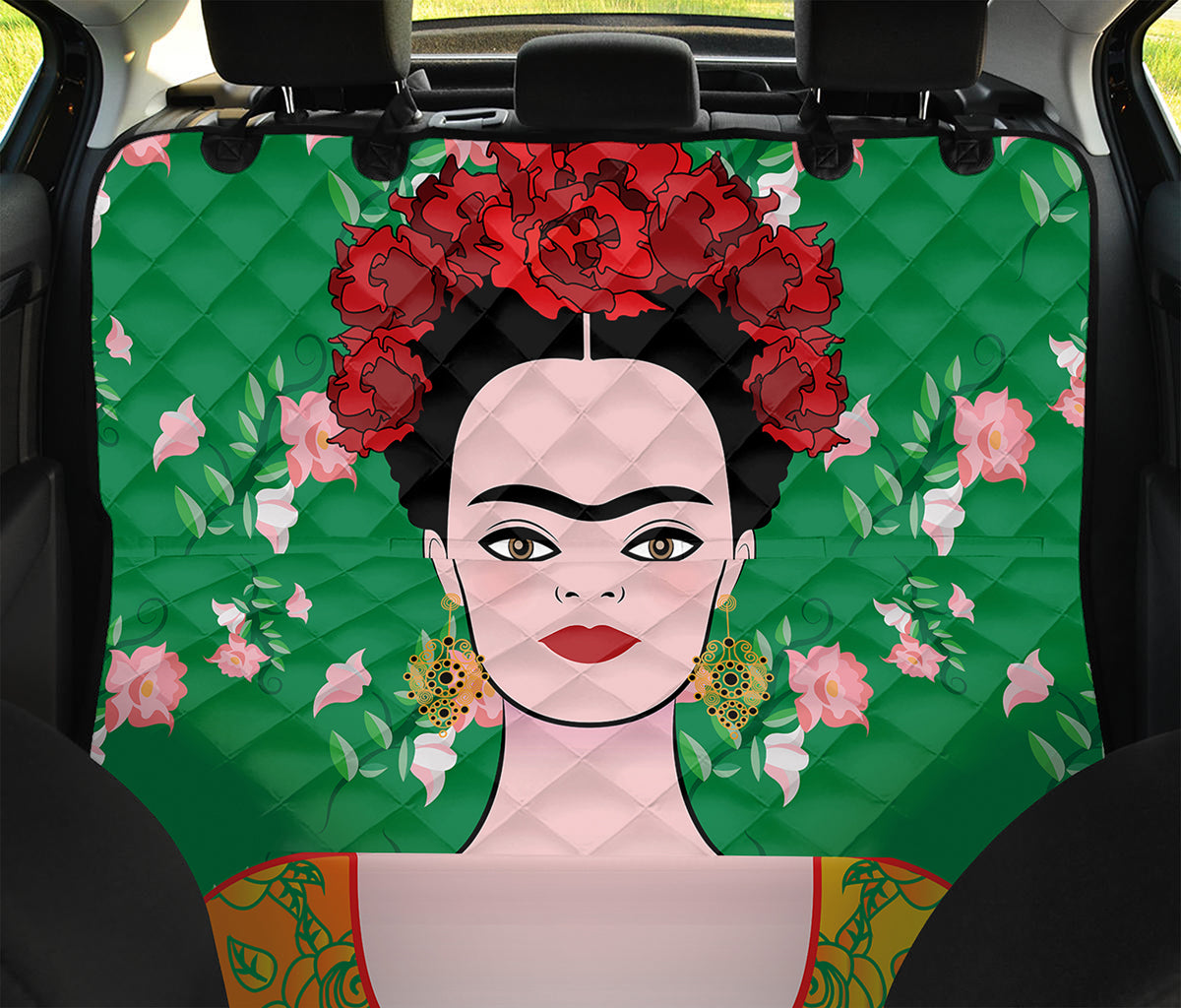 Frida Kahlo And Pink Floral Print Pet Car Back Seat Cover