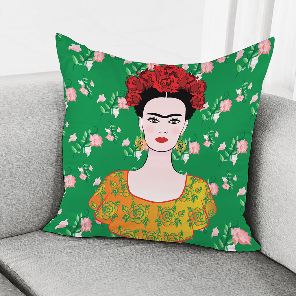 Frida Kahlo And Pink Floral Print Pillow Cover