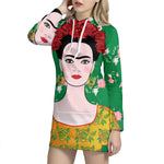 Frida Kahlo And Pink Floral Print Pullover Hoodie Dress