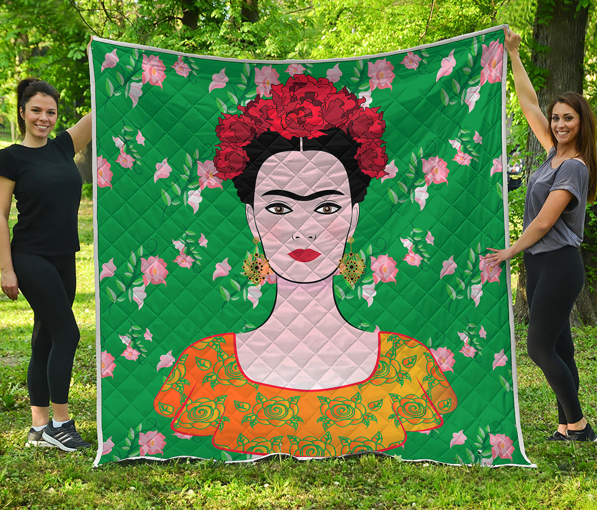 Frida Kahlo And Pink Floral Print Quilt