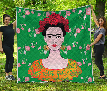 Frida Kahlo And Pink Floral Print Quilt