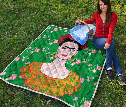 Frida Kahlo And Pink Floral Print Quilt