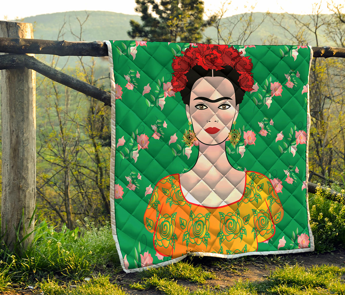 Frida Kahlo And Pink Floral Print Quilt