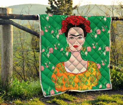 Frida Kahlo And Pink Floral Print Quilt