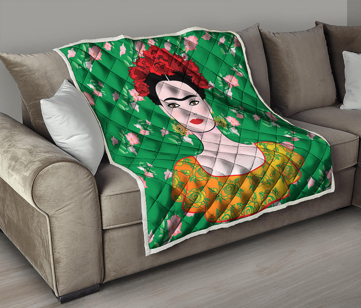 Frida Kahlo And Pink Floral Print Quilt