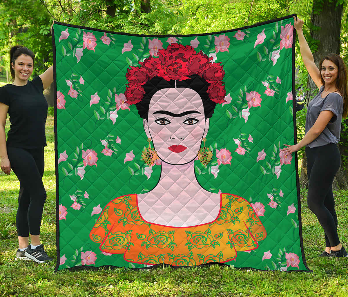 Frida Kahlo And Pink Floral Print Quilt