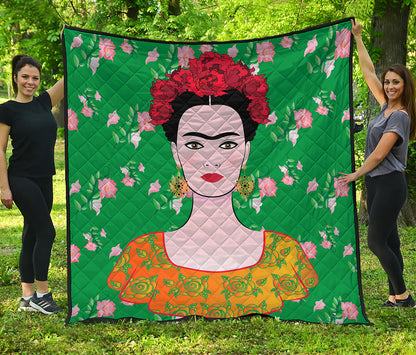 Frida Kahlo And Pink Floral Print Quilt