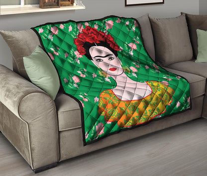 Frida Kahlo And Pink Floral Print Quilt