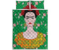 Frida Kahlo And Pink Floral Print Quilt Bed Set
