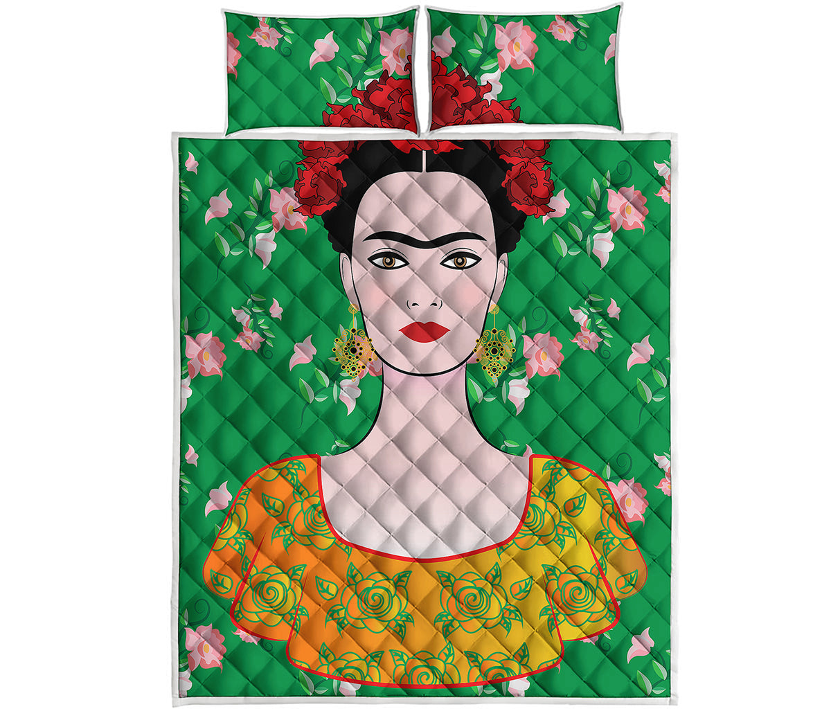 Frida Kahlo And Pink Floral Print Quilt Bed Set