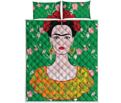 Frida Kahlo And Pink Floral Print Quilt Bed Set