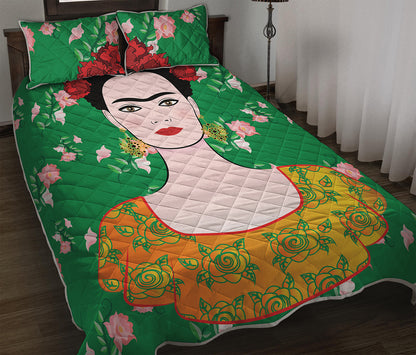 Frida Kahlo And Pink Floral Print Quilt Bed Set