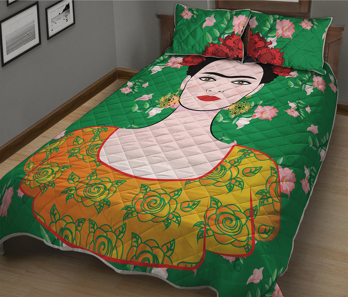 Frida Kahlo And Pink Floral Print Quilt Bed Set