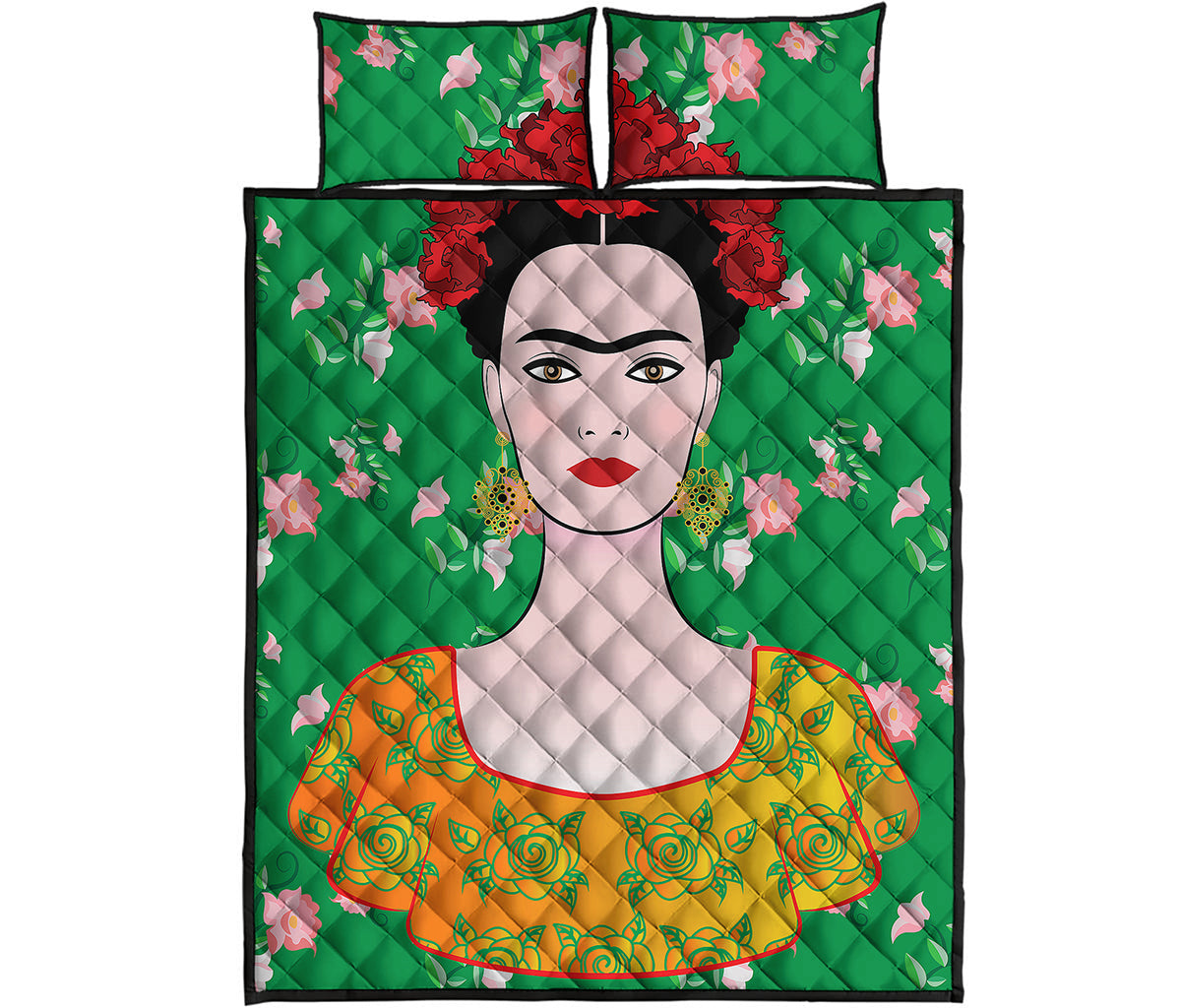 Frida Kahlo And Pink Floral Print Quilt Bed Set