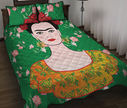 Frida Kahlo And Pink Floral Print Quilt Bed Set