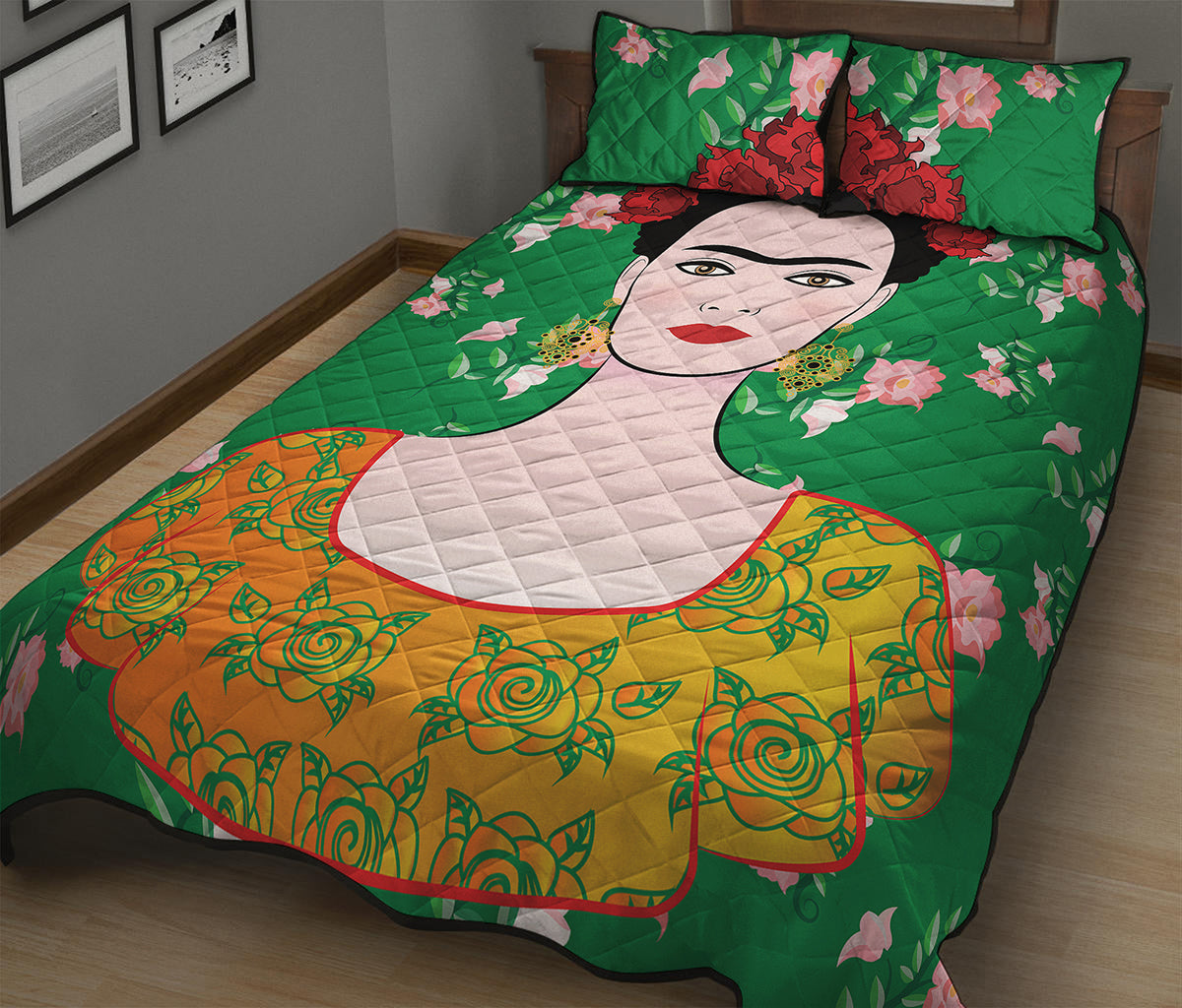 Frida Kahlo And Pink Floral Print Quilt Bed Set