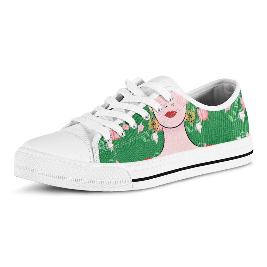 Frida Kahlo And Pink Floral Print White Low Top Shoes