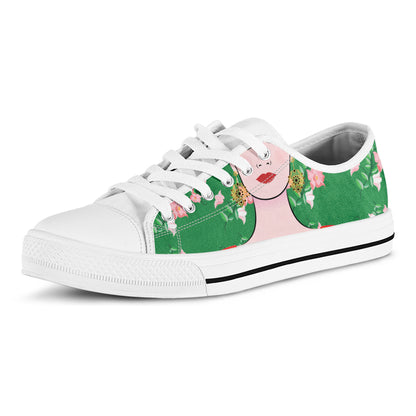 Frida Kahlo And Pink Floral Print White Low Top Shoes