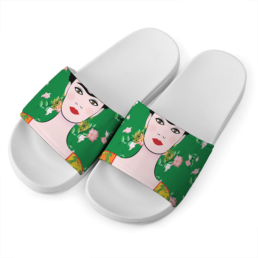 Frida Kahlo And Pink Floral Print White Slide Sandals