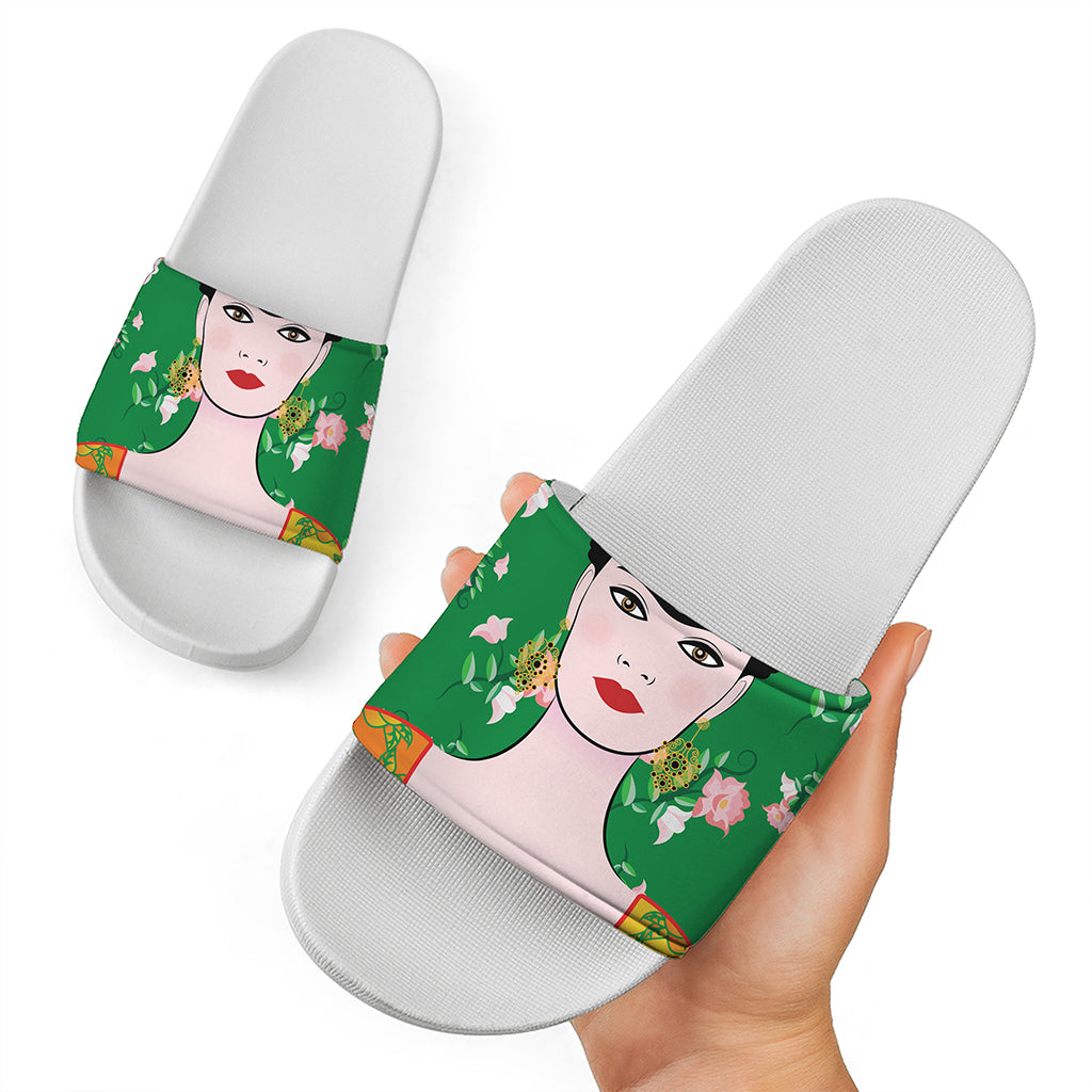 Frida Kahlo And Pink Floral Print White Slide Sandals