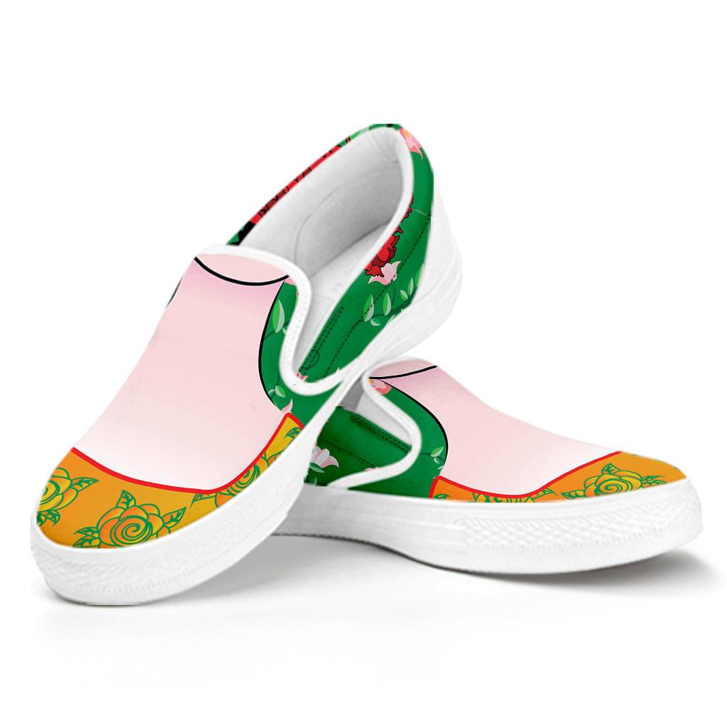 Frida Kahlo And Pink Floral Print White Slip On Shoes