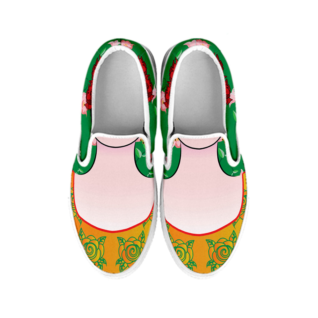 Frida Kahlo And Pink Floral Print White Slip On Shoes