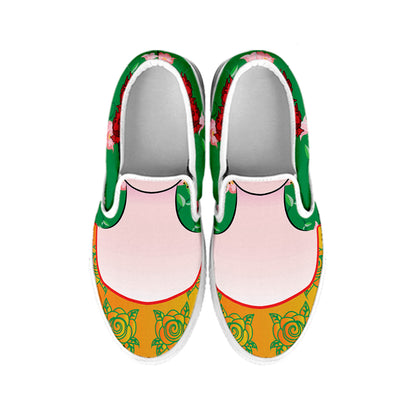 Frida Kahlo And Pink Floral Print White Slip On Shoes