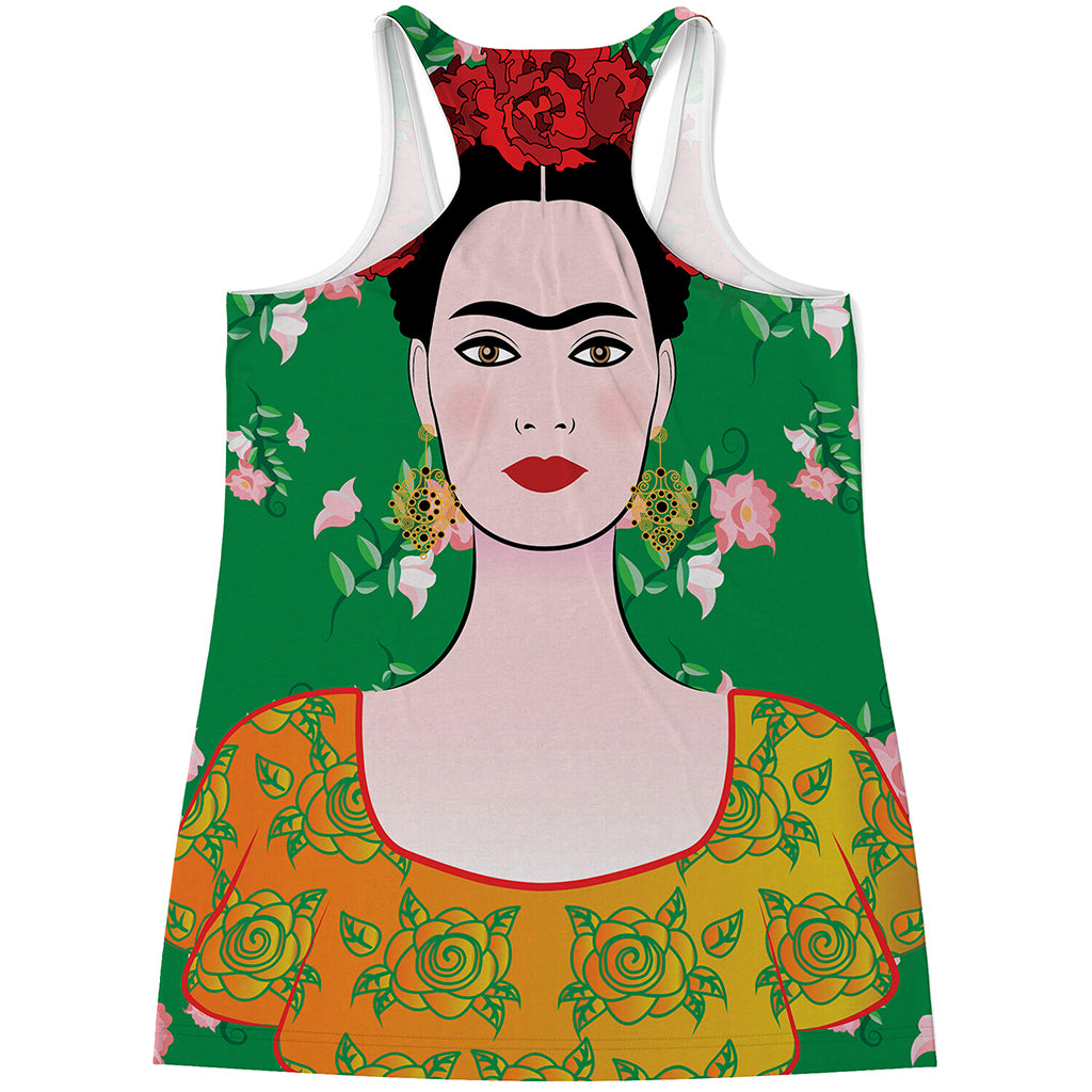 Frida Kahlo And Pink Floral Print Women's Racerback Tank Top