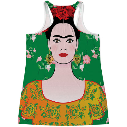 Frida Kahlo And Pink Floral Print Women's Racerback Tank Top