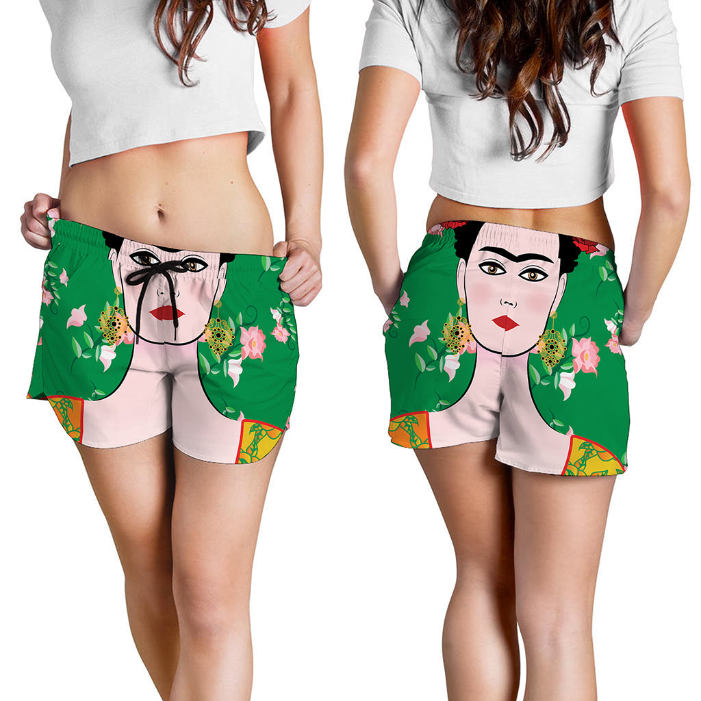 Frida Kahlo And Pink Floral Print Women's Shorts