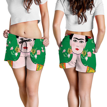 Frida Kahlo And Pink Floral Print Women's Shorts