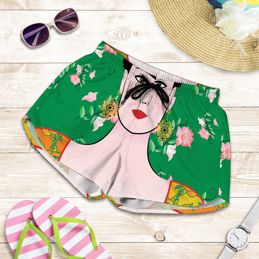 Frida Kahlo And Pink Floral Print Women's Shorts