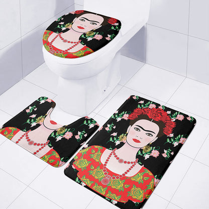 Frida Kahlo And Pink Flower Print 3 Piece Bath Mat Set