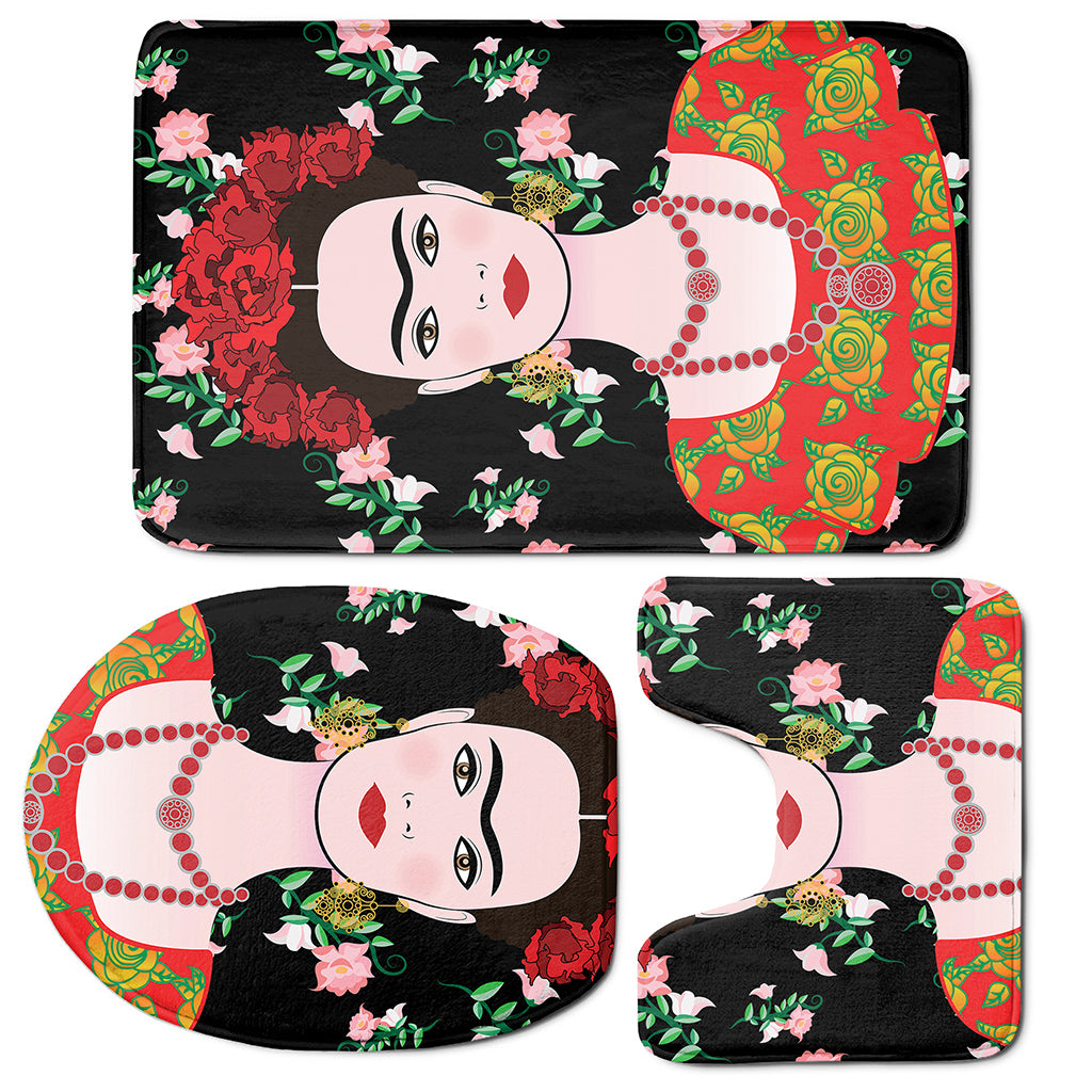Frida Kahlo And Pink Flower Print 3 Piece Bath Mat Set