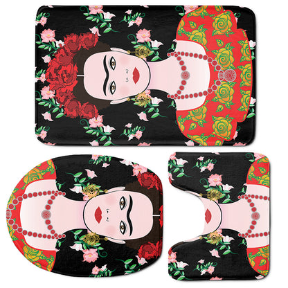 Frida Kahlo And Pink Flower Print 3 Piece Bath Mat Set