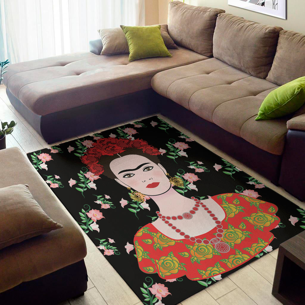 Frida Kahlo And Pink Flower Print Area Rug