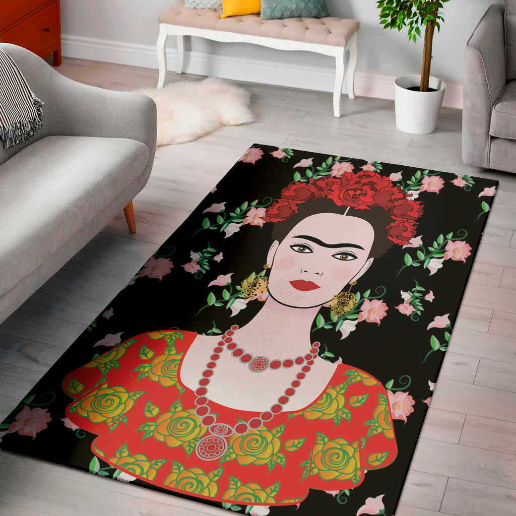 Frida Kahlo And Pink Flower Print Area Rug